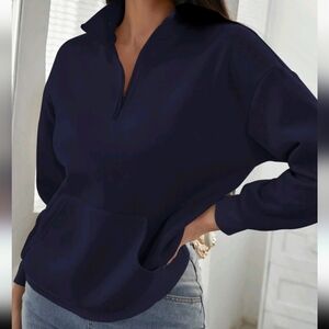 Women Quarter Zip Drop Shoulder Navy Blue Pullover Sweater Size S